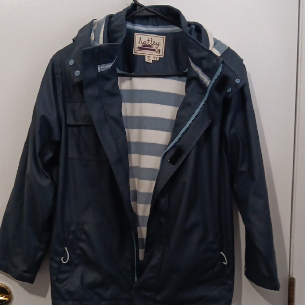 Hatley Navy Blue Hooded Kid Raincoat with Striped Lining